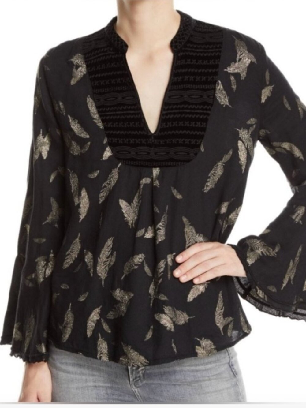 JOHNNY WAS Workshop Black Gold Feather Long Bell Sleeve Blouse Size XS